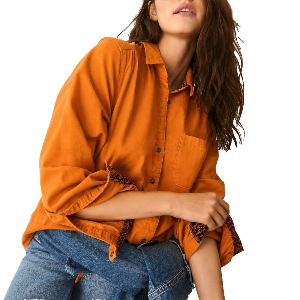 Pilcro Sigourney Corduroy Shirt XS Petite Orange Button Up Oversized Cotton Top